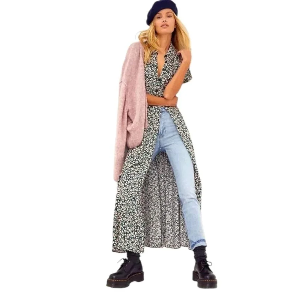 Free People Debbie-Jean Maxi Shirt Dress Black Pink Ditsy Floral Duster XS